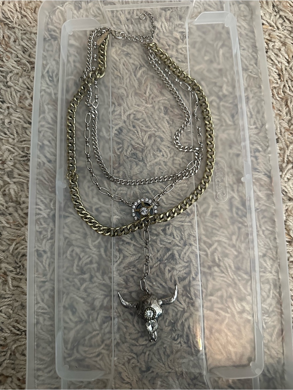 Mixed-Metal Layered Necklace with Bull Skull Pendant in Gold & Silver